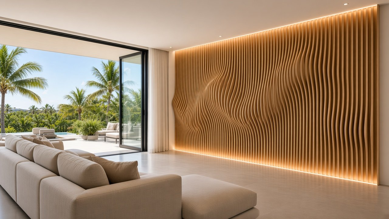 Great room with Toca Wave Oak Fins on Dune Grain accent wall design rendering in Bradenton, Florida