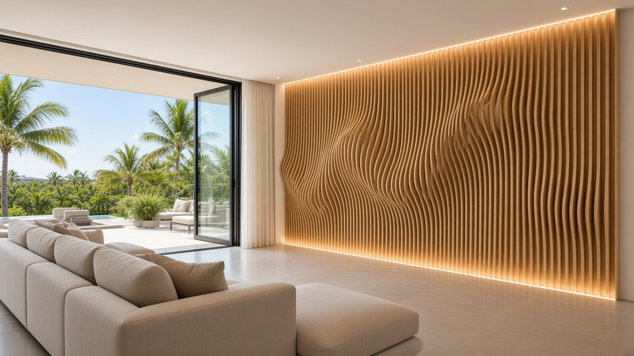 Great Room with Toca Wave Oak Fins on Dune Grain accent wall design rendering in Bradenton, Florida