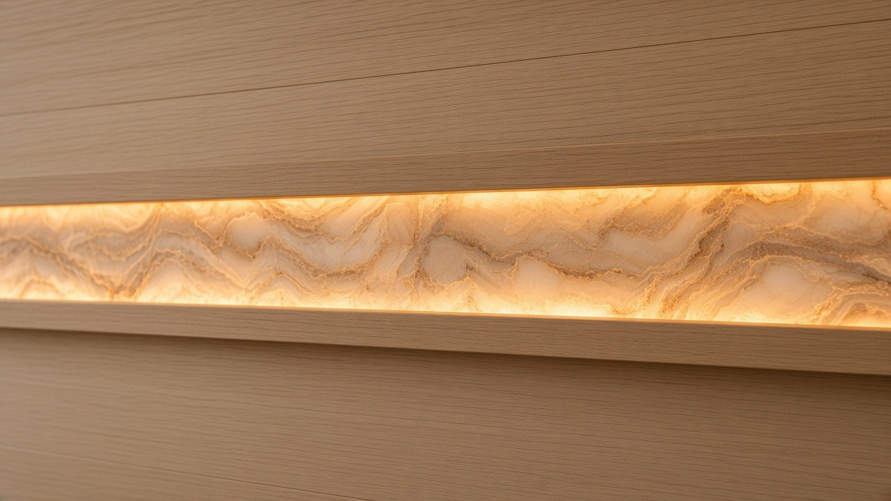 Great Room with Stacked Oak + Boca Lantern Horizon Ribbon accent wall design rendering for choosing an accent wall