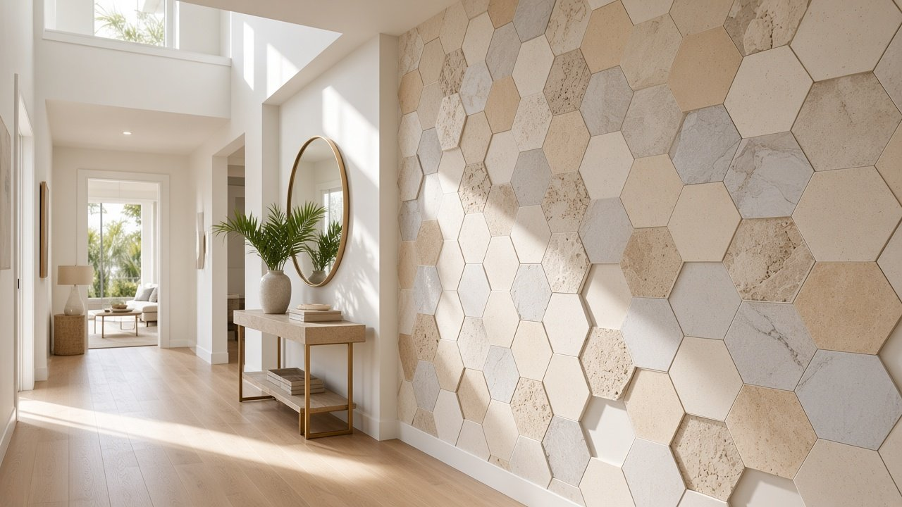 Foyer with Coastal Stone Honeycomb Patchwork accent wall design rendering for accent walls for humid climates