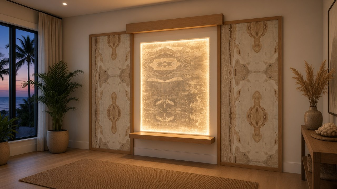Foyer with Twin Driftwood Columns + Fog Bank + Oak Beam accent wall design rendering for lighting an accent wall