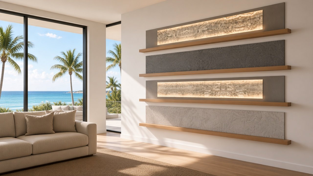 Great Room with Layered Stone Shelves + Pier Grey Backs accent wall design rendering for matching media walls and accent walls