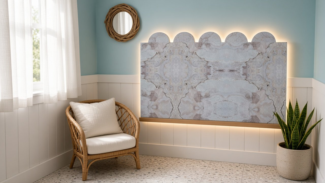 Small Room with Scalloped Moonshell Floating Panel accent wall design rendering for accent walls for small rooms