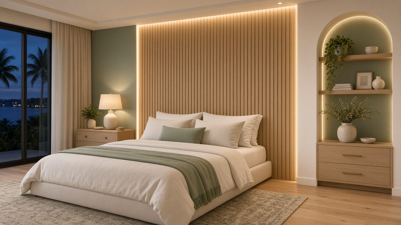 Design rendering: slat headboard wall concept