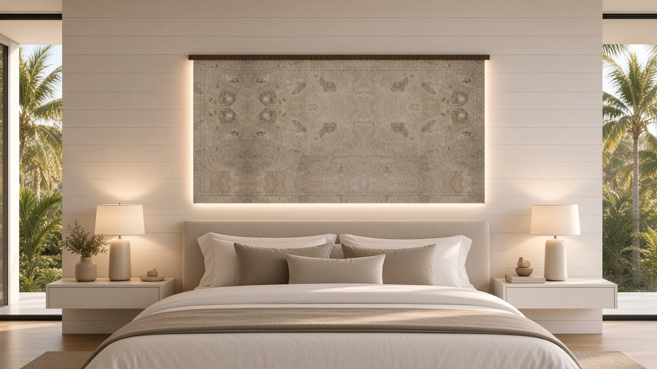 Primary Bedroom with Dune Grass Floating Headboard accent wall design rendering in Siesta Key, Florida