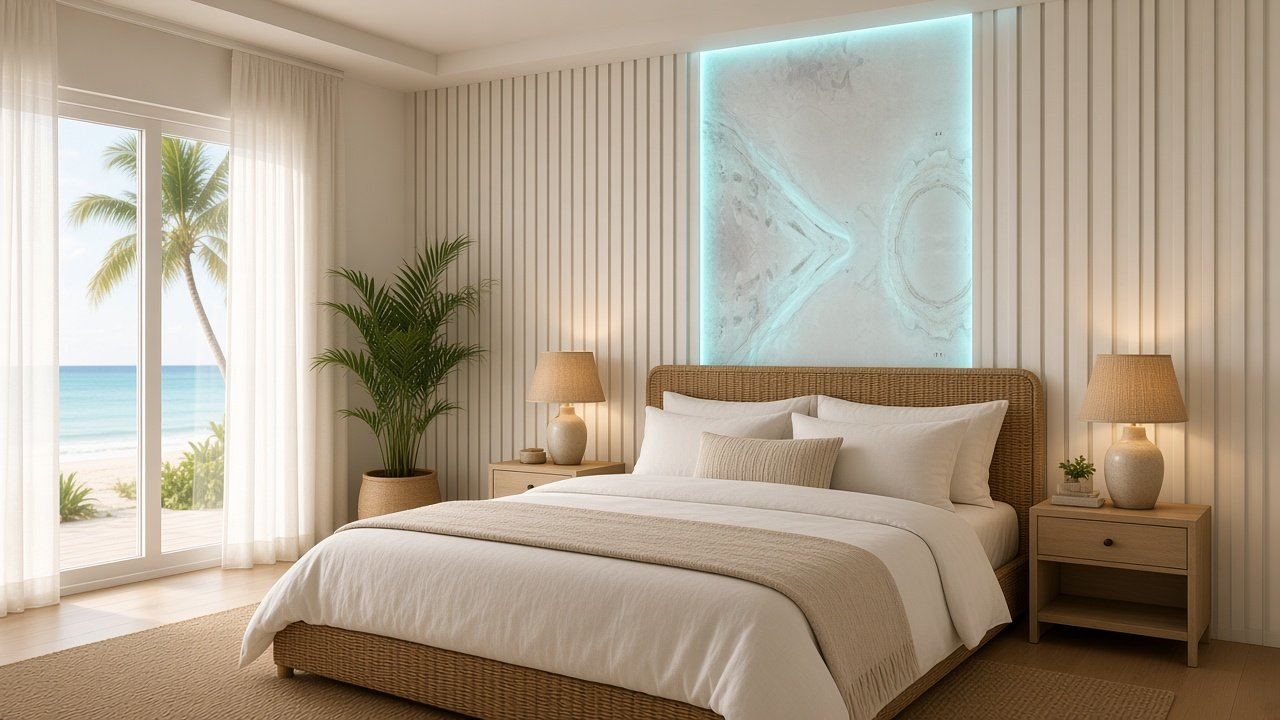 Primary Bedroom with Gradient Slats over Sea Mist accent wall design rendering in Englewood, Florida