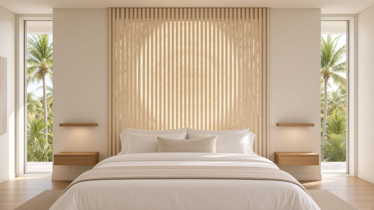 Primary Bedroom with Heron Grey Slat Lantern accent wall design rendering in Englewood, Florida