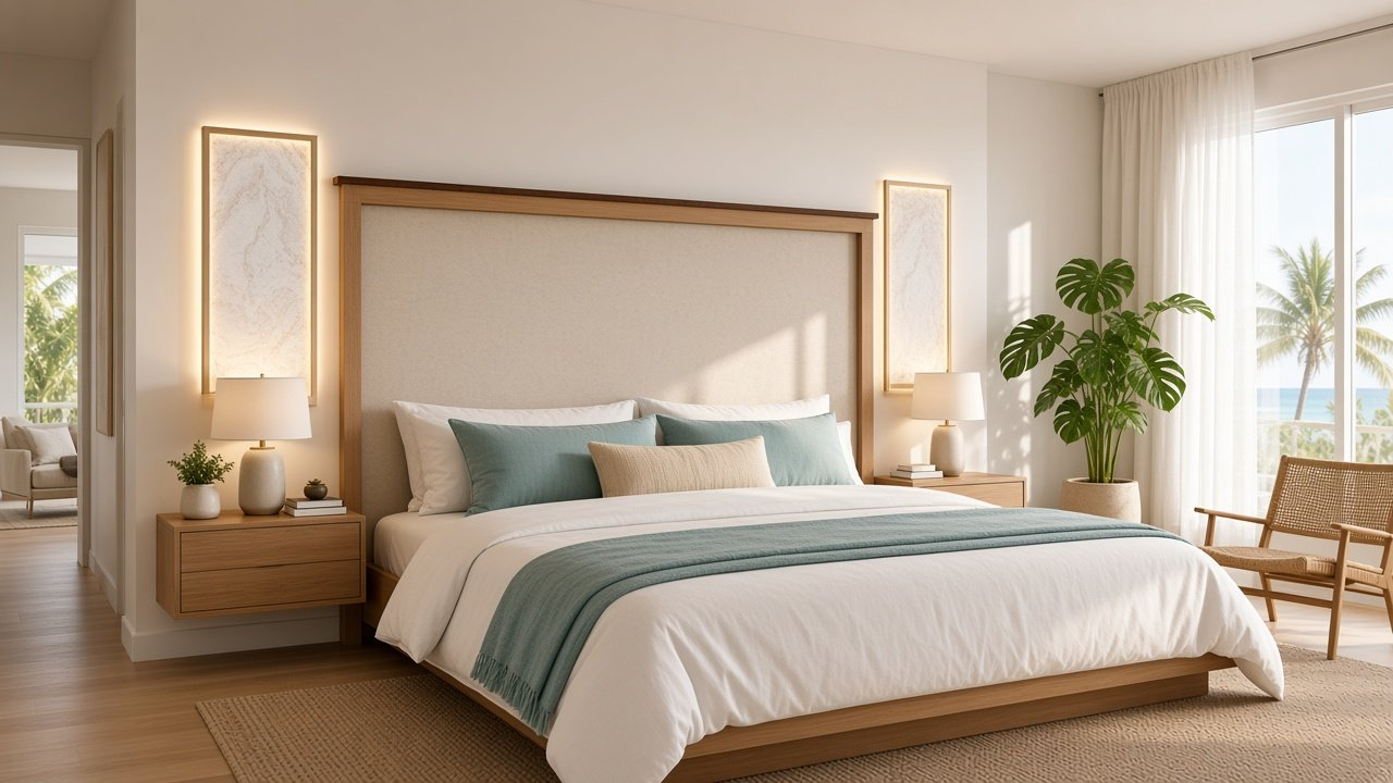 Primary Bedroom with Oak Shadow-Box Headboard + Moonglow Readers accent wall design rendering in Nokomis, Florida