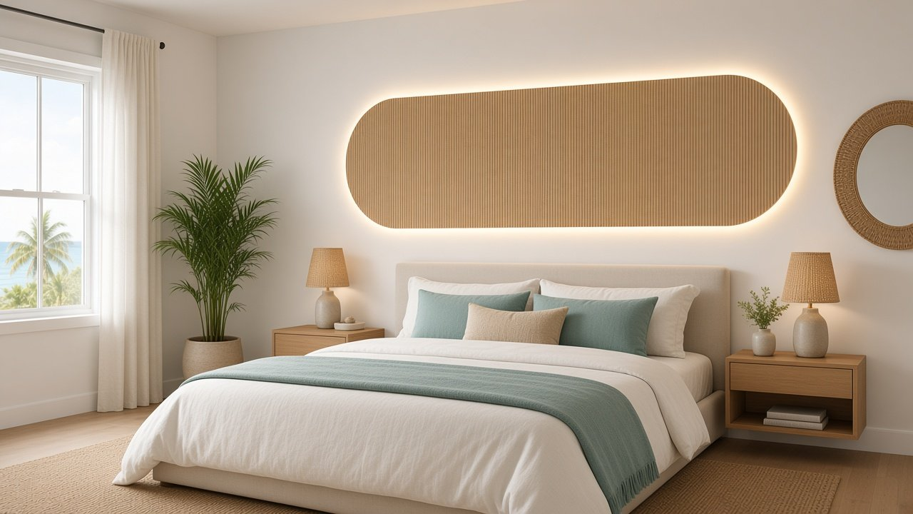 Primary Bedroom with Pill Reeded Headboard Panel + Halo accent wall design rendering in Boca Grande, Florida
