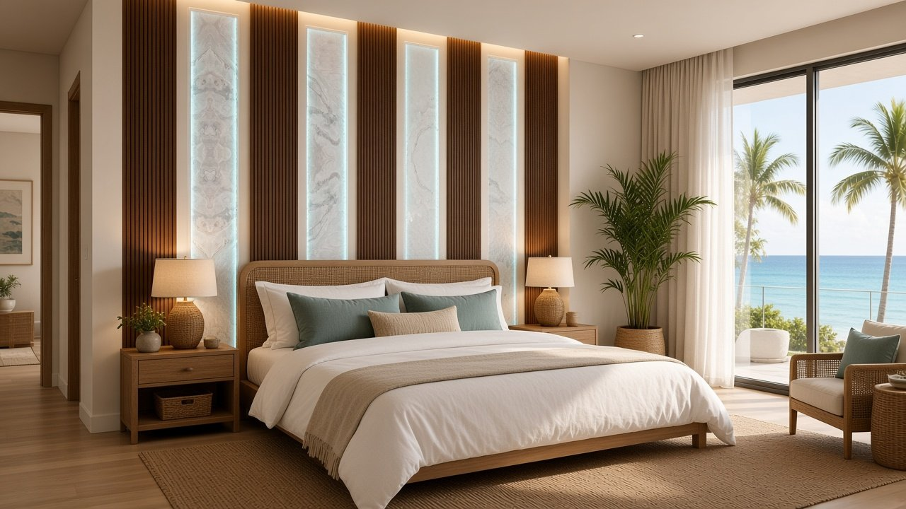 Primary Bedroom with Reed Strips Alternating Sea Mist Glow accent wall design rendering in Wellen Park, Florida