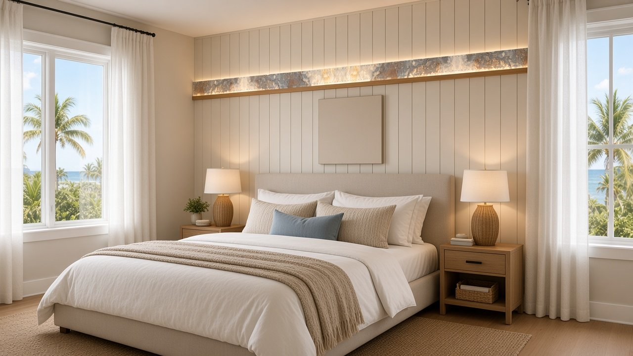 Primary Bedroom with Sandbar Ribbon Batten Bedroom accent wall design rendering in Babcock Ranch, Florida