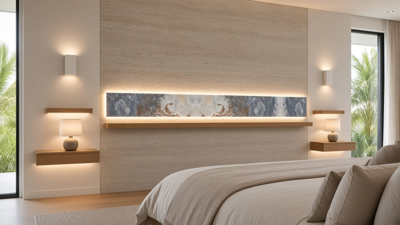 Primary Bedroom with Tabby Shell Headboard + Sandbar Horizon accent wall design rendering in Wellen Park, Florida