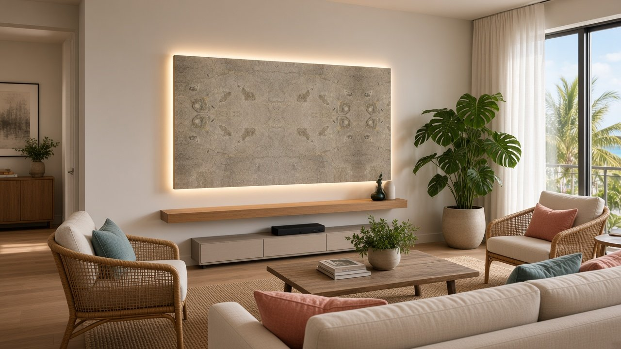 Den with Floating Dune Grass Cloud Panel accent wall design rendering for soft texture lounge concept