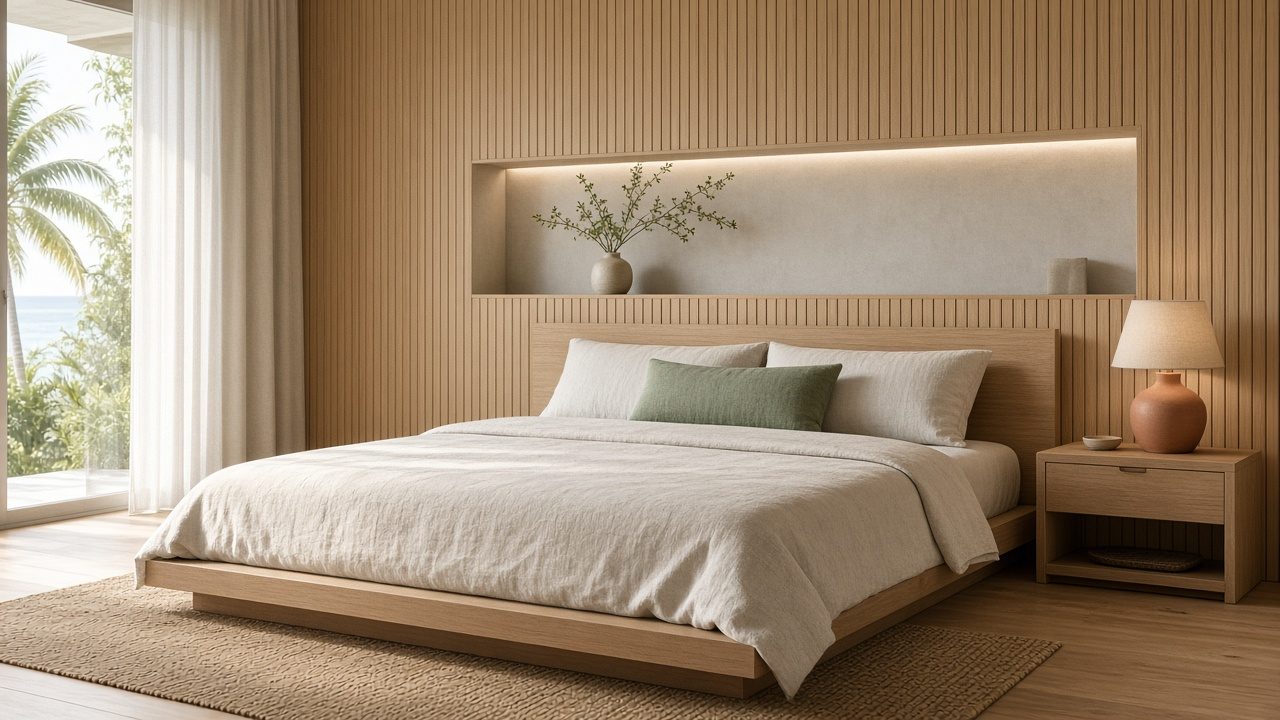 Bedroom with a floor-to-ceiling oak slat wall, a lit shelf niche and a low platform bed