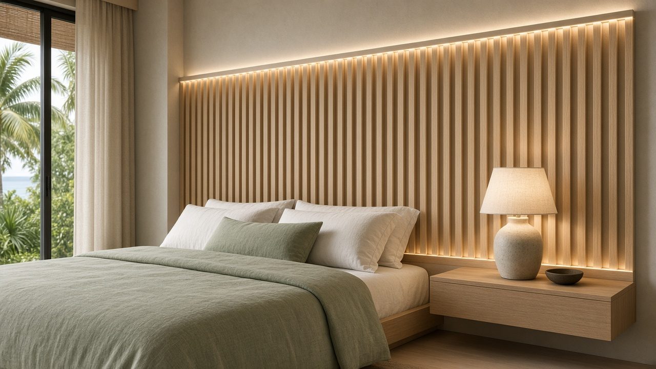 Design rendering: slat headboard wall concept