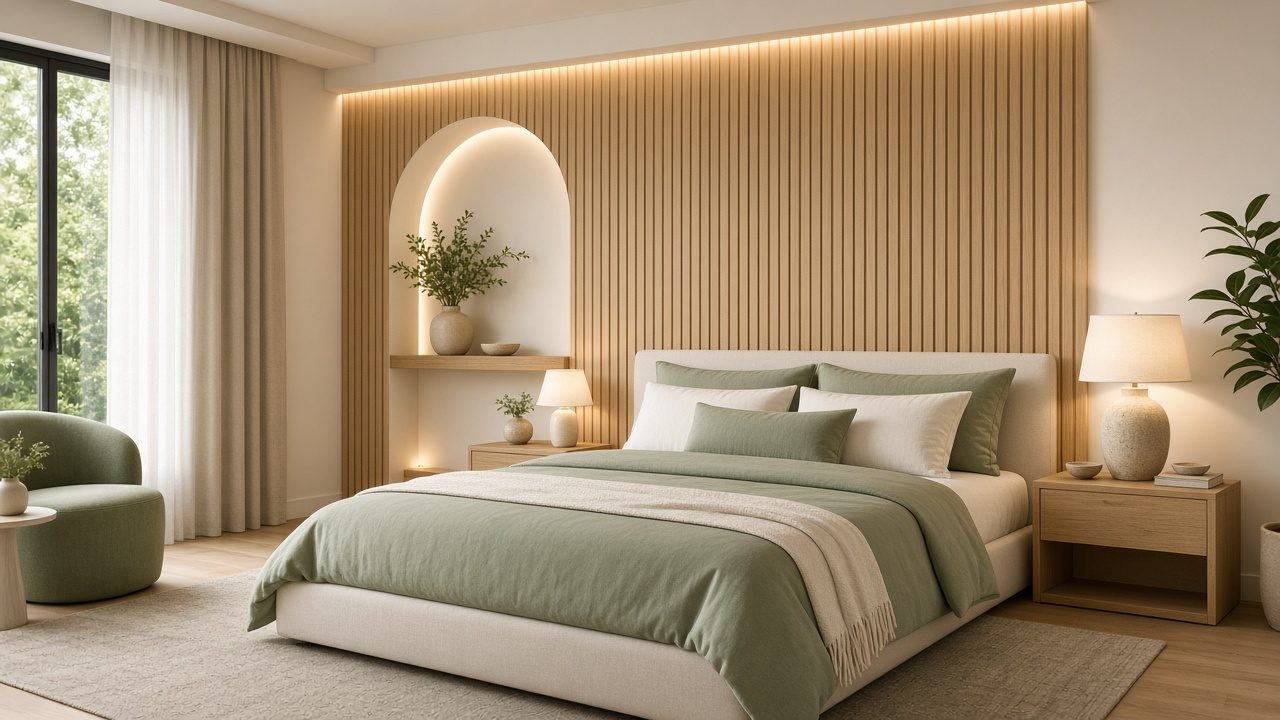 Design rendering: slat headboard wall concept